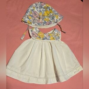 White Baby Dress with Yellow & Pink Floral Yoke and Matching Bonnet